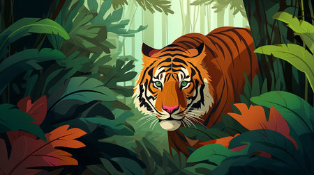 An illustration of a tiger walking in the jungle with leaves and plants AI Generatedの素材