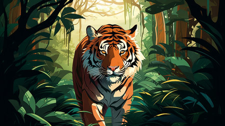 An illustration of a tiger walking through the jungle AI Generatedの素材