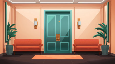 An illustration of a hallway with two couches and a door AI Generatedの素材