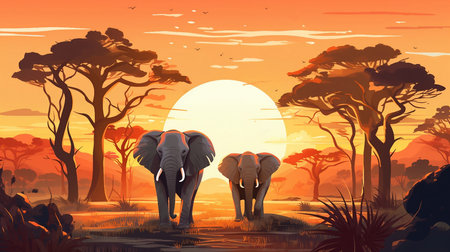 An illustration of two elephants walking in the forest at sunset AI Generatedの素材