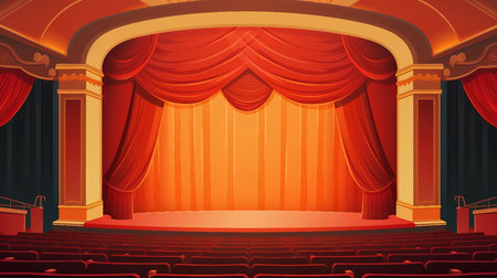 An illustration of empty theater stage with red curtains and seats AI Generatedの素材