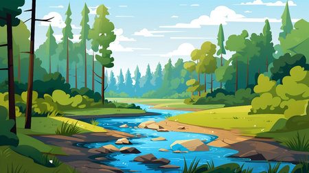 River in green forest illustration AI Generatedの素材
