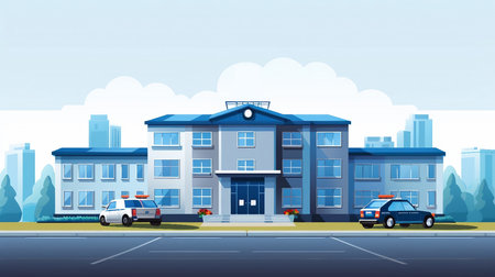 Police station building with patrol cars illustration AI Generatedの素材