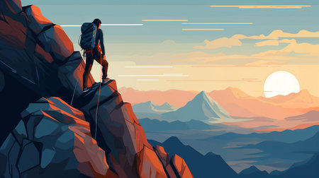 Hiker standing on the edge of a mountain at sunset illustration AI Generatedの素材
