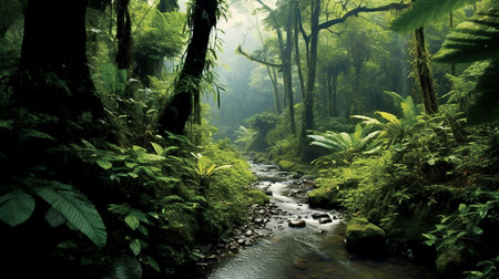Tropical rainforest with lush green plants and river AI Generatedの素材