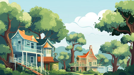 Wooden houses in the forest with trees and grass illustration AI Generatedの素材