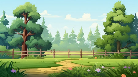 Summer park with green trees bushes grass and fence illustration AI Generatedの素材