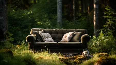 Empty sofa in the forest AI Generatedの素材
