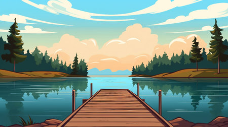 Wooden pier on lake illustration AI Generatedの素材