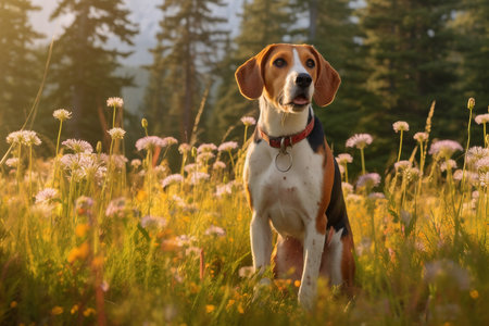 Treeing walker coonhound dog sitting in meadow field surrounded by vibrant wildflowers and grass on sunny day ai generatedの素材