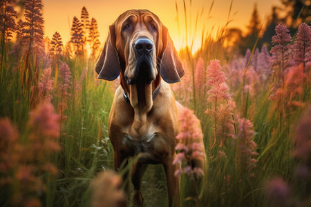 Bloodhound dog standing in meadow field surrounded by vibrant wildflowers and grass on sunny day ai generatedの素材