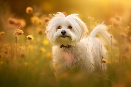 Maltese dog standing in meadow field surrounded by vibrant wildflowers and grass on sunny day ai generatedの素材