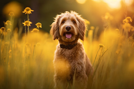 Barbet dog sitting in meadow field surrounded by vibrant wildflowers and grass on sunny day AI Generatedの素材