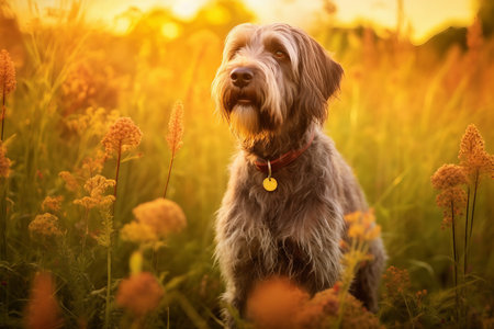 Wirehaired pointing griffon dog sitting in meadow field surrounded by vibrant wildflowers and grass on sunny day ai generatedの素材