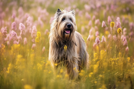 Briard dog standing in meadow field surrounded by vibrant wildflowers and grass on sunny day ai generatedの素材