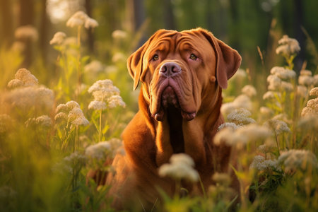Dogue de bordeaux dog sitting in meadow field surrounded by vibrant wildflowers and grass on sunny day ai generatedの素材