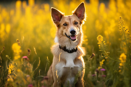 Mudi dog sitting in meadow field surrounded by vibrant wildflowers and grass on sunny day ai generatedの素材
