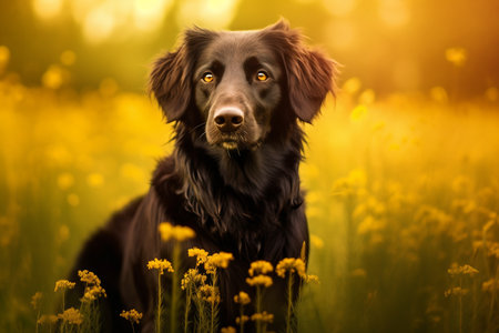 Flat coated retriever dog sitting in meadow field surrounded by vibrant wildflowers and grass on sunny day ai generatedの素材