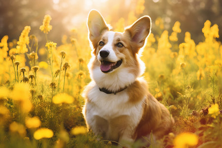Cardigan welsh corgi dog sitting in meadow field surrounded by vibrant wildflowers and grass on sunny day ai generatedの素材