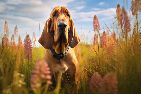 Bloodhound dog sitting in meadow field surrounded by vibrant wildflowers and grass on sunny day ai generatedの素材