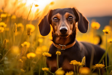 Dachshund dog sitting in meadow field surrounded by vibrant wildflowers and grass on sunny day ai generatedの素材
