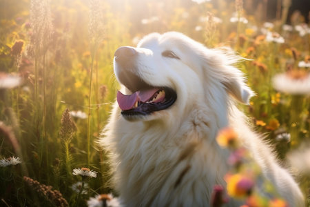 Great pyrenees dog sitting in meadow field surrounded by vibrant wildflowers and grass on sunny day ai generatedの素材
