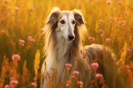 Saluki dog sitting in meadow field surrounded by vibrant wildflowers and grass on sunny day ai generatedの素材