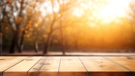 Empty wooden table with blurred nature background with morning sunlight AI Generatedの素材