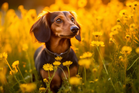 Dachshund dog sitting in meadow field surrounded by vibrant wildflowers and grass on sunny day ai generatedの素材
