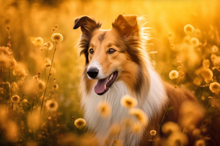 Collie dog sitting in meadow field surrounded by vibrant wildflowers and grass on sunny day ai generatedの素材