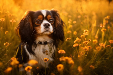 English toy spaniel dog sitting in meadow field surrounded by vibrant wildflowers and grass on sunny day ai generatedの素材