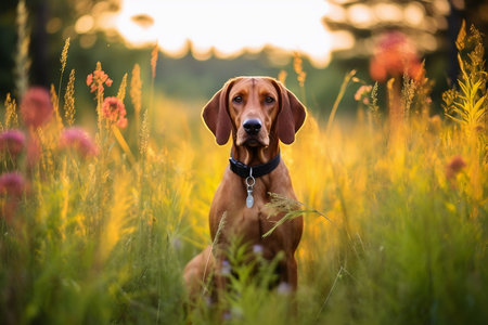 Redbone coonhound dog sitting in meadow field surrounded by vibrant wildflowers and grass on sunny day ai generatedの素材