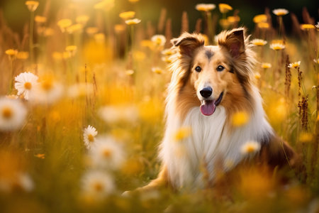Collie dog sitting in meadow field surrounded by vibrant wildflowers and grass on sunny day ai generatedの素材