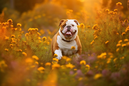 Bulldog dog standing in meadow field surrounded by vibrant wildflowers and grass on sunny day ai generatedの素材