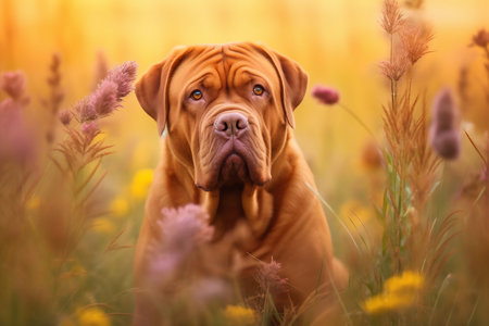 Dogue de bordeaux dog sitting in meadow field surrounded by vibrant wildflowers and grass on sunny day ai generatedの素材