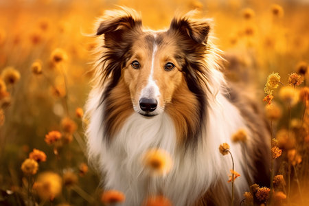 Collie dog sitting in meadow field surrounded by vibrant wildflowers and grass on sunny day ai generatedの素材