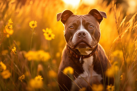 Staffordshire bull terrier dog sitting in meadow field surrounded by vibrant wildflowers and grass on sunny day ai generatedの素材