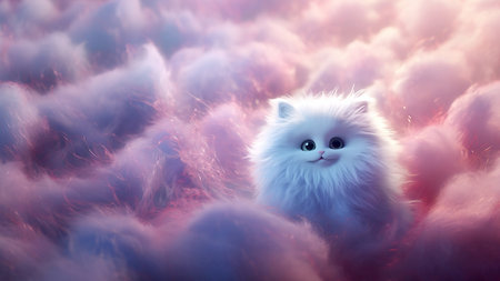 White cat sitting in field of pink clouds AI Generatedの素材