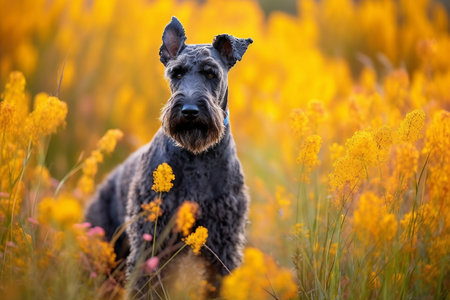 Kerry blue terrier dog sitting in meadow field surrounded by vibrant wildflowers and grass on sunny day ai generatedの素材