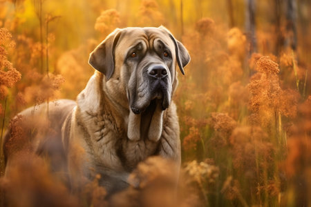 Mastiff dog sitting in meadow field surrounded by vibrant wildflowers and grass on sunny day ai generatedの素材