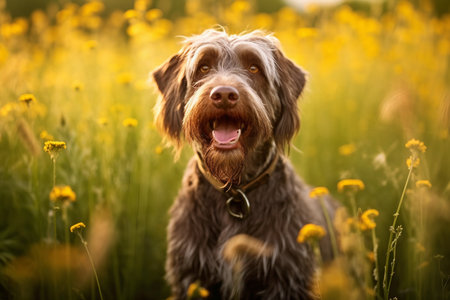 Wirehaired pointing griffon dog sitting in meadow field surrounded by vibrant wildflowers and grass on sunny day ai generatedの素材