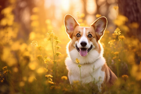 Cardigan welsh corgi dog sitting in meadow field surrounded by vibrant wildflowers and grass on sunny day ai generatedの素材