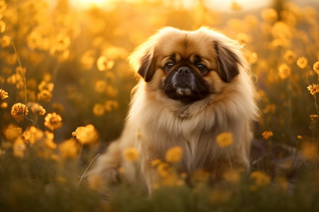 Pekingese dog sitting in meadow field surrounded by vibrant wildflowers and grass on sunny day ai generatedの素材