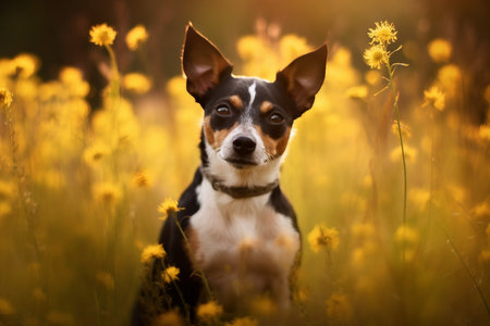 Rat terrier dog sitting in meadow field surrounded by vibrant wildflowers and grass on sunny day ai generatedの素材