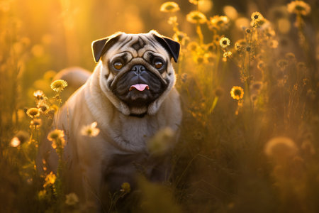 Pug dog sitting in meadow field surrounded by vibrant wildflowers and grass on sunny day ai generatedの素材