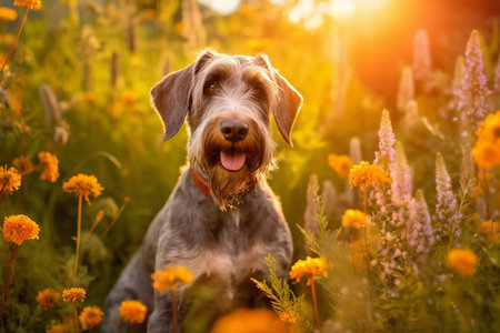 German wirehaired pointer dog sitting in meadow field surrounded by vibrant wildflowers and grass on sunny day ai generatedの素材