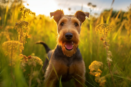 Welsh terrier dog sitting in meadow field surrounded by vibrant wildflowers and grass on sunny day ai generatedの素材