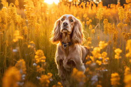 American cocker spaniel dog sitting in meadow field surrounded by vibrant wildflowers and grass on sunny day AI Generatedの素材