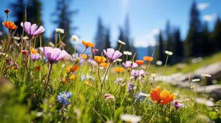 Alpine meadow with snowy mountains and blue skyの素材