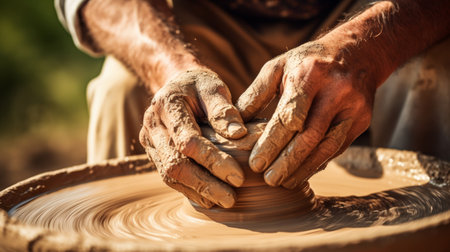 Skilled artisan molding clay on spinning wheel.の素材
